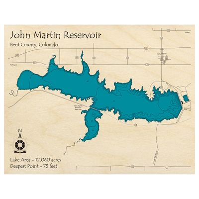 Bathymetric topo map of John Martin Reservoir, CO with roads, towns and depths noted in blue water.