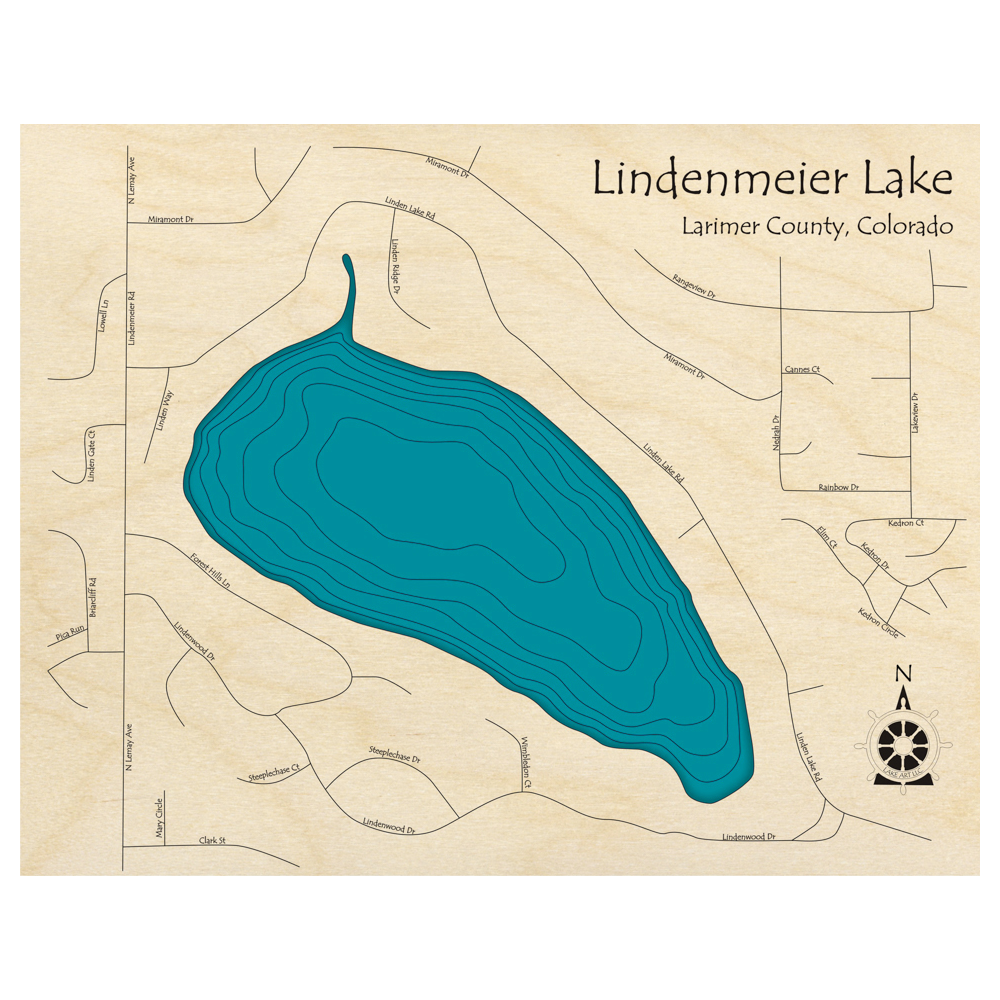 Bathymetric topo map of Lindenmeier Lake, CO with roads, towns and depths noted in blue water.