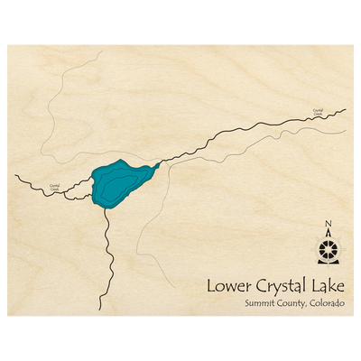 Bathymetric topo map of Lower Crystal Lake, CO with roads, towns and depths noted in blue water.
