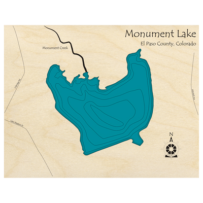 Bathymetric topo map of Monument Lake, CO with roads, towns and depths noted in blue water.