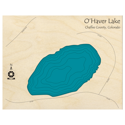 Bathymetric topo map of OHaver Lake, CO with roads, towns and depths noted in blue water.
