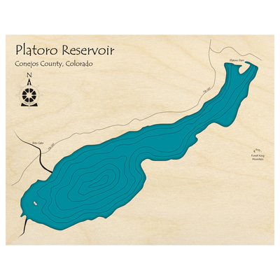 Bathymetric topo map of Platoro Reservoir, CO with roads, towns and depths noted in blue water.