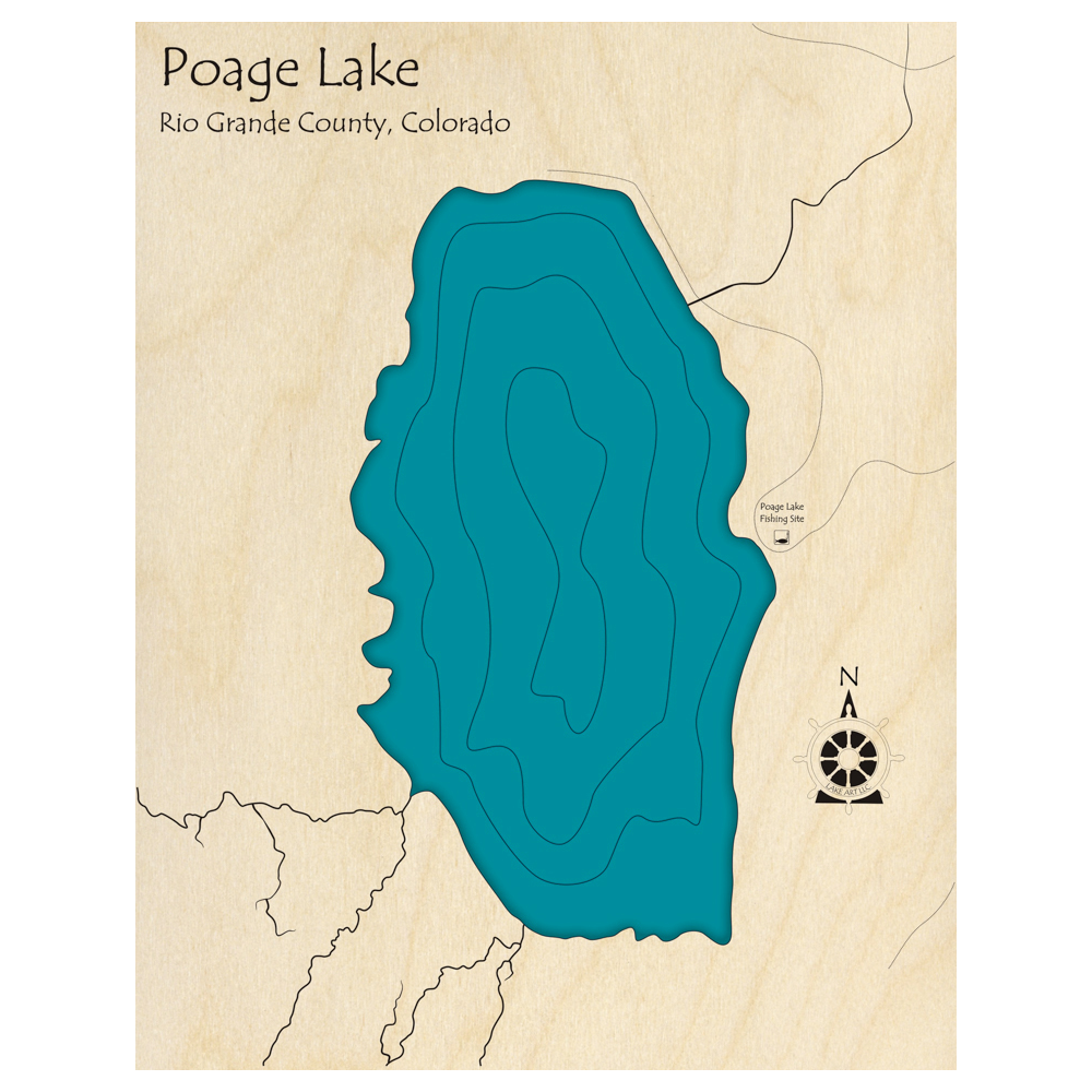 Bathymetric topo map of Poage Lake, CO with roads, towns and depths noted in blue water.