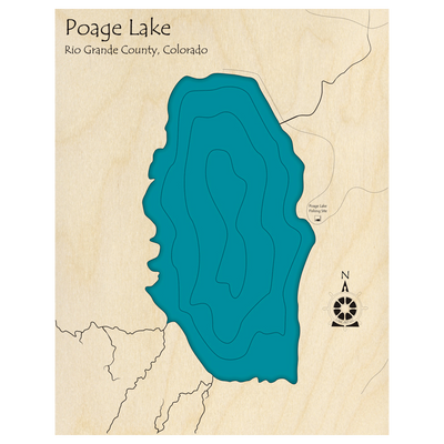 Bathymetric topo map of Poage Lake, CO with roads, towns and depths noted in blue water.