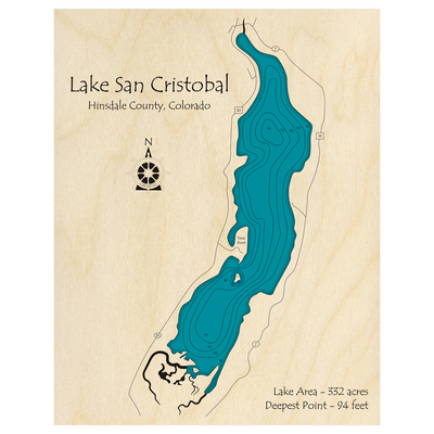 Bathymetric topo map of Lake San Cristobal, CO with roads, towns and depths noted in blue water.