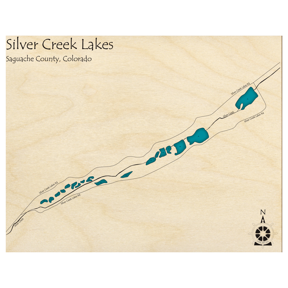 Bathymetric topo map of Silver Creek Lakes, CO with roads, towns and depths noted in blue water.