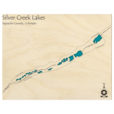 Bathymetric topo map of Silver Creek Lakes, CO with roads, towns and depths noted in blue water.