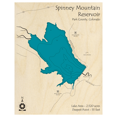 Bathymetric topo map of Spinney Mountain Reservoir, CO with roads, towns and depths noted in blue water.