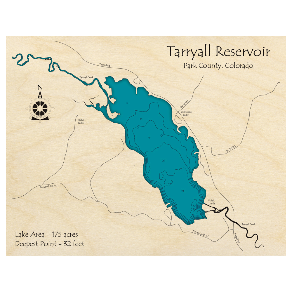 Bathymetric topo map of Tarryall Reservoir, CO with roads, towns and depths noted in blue water.