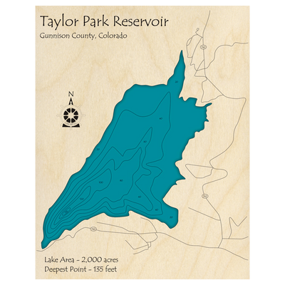 Bathymetric topo map of Taylor Park Reservoir, CO with roads, towns and depths noted in blue water.