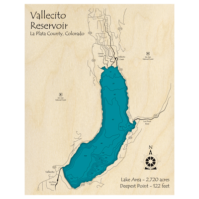 Bathymetric topo map of Vallecito Reservoir, CO with roads, towns and depths noted in blue water.