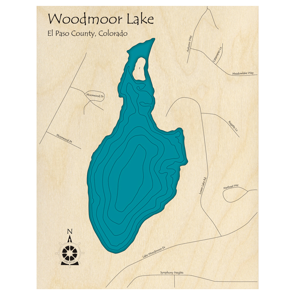 Bathymetric topo map of Woodmoor Lake, CO with roads, towns and depths noted in blue water.