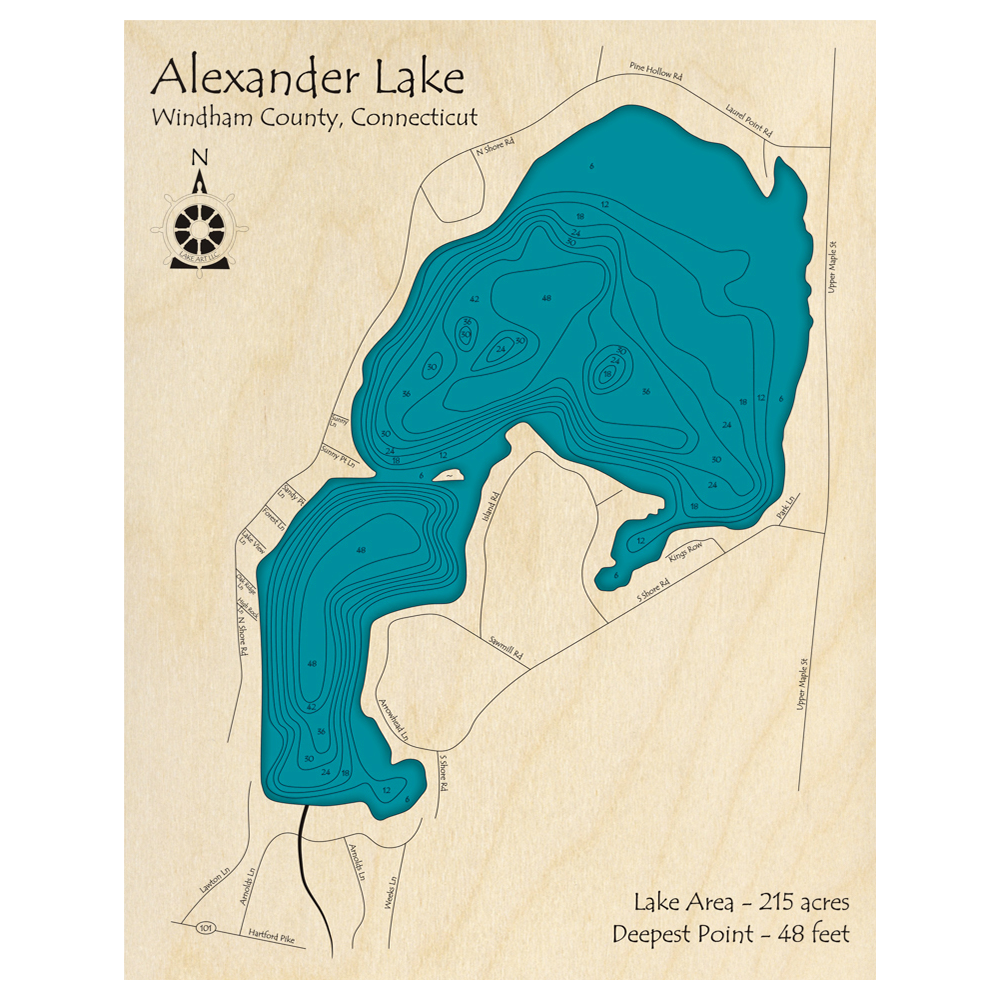 Bathymetric topo map of Alexander Lake, CT with roads, towns and depths noted in blue water.