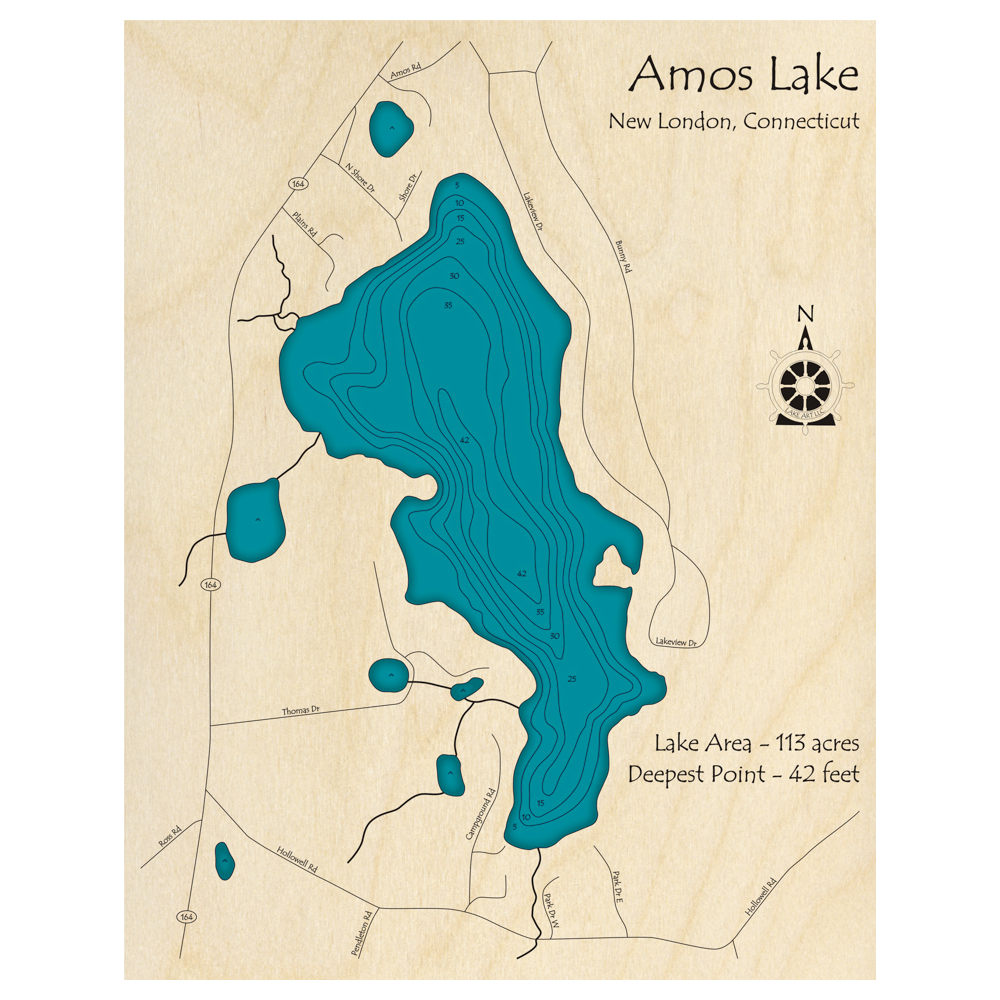 Bathymetric topo map of Amos Lake, CT with roads, towns and depths noted in blue water.