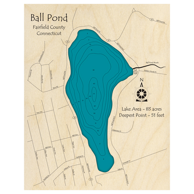Bathymetric topo map of Ball Pond, CT with roads, towns and depths noted in blue water.