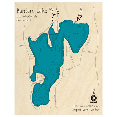 Bathymetric topo map of Bantam Lake, CT with roads, towns and depths noted in blue water.