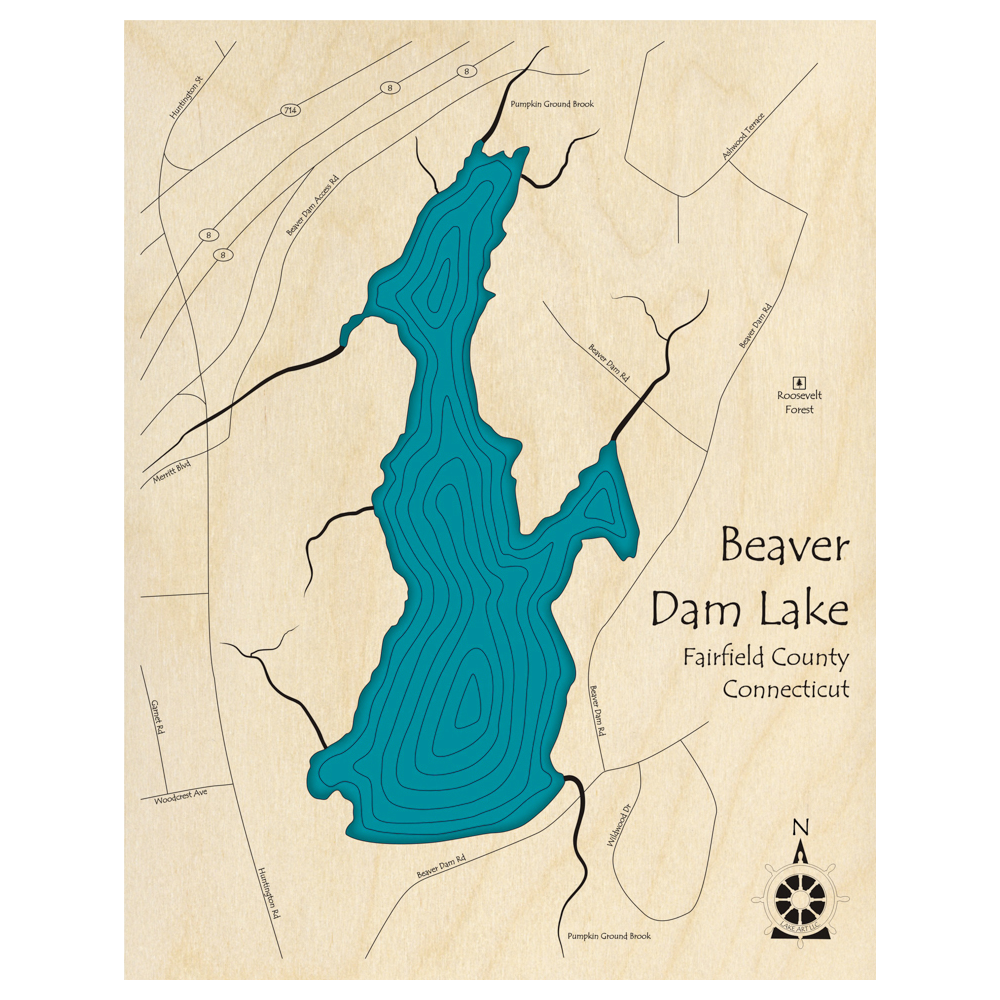 Bathymetric topo map of Beaver Dam Lake, CT with roads, towns and depths noted in blue water.