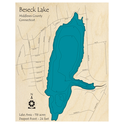Bathymetric topo map of Beseck Lake, CT with roads, towns and depths noted in blue water.