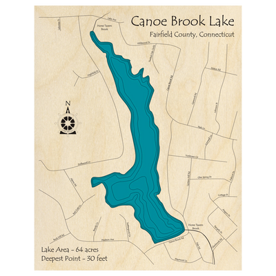 Bathymetric topo map of Canoe Brook Lake, CT with roads, towns and depths noted in blue water.