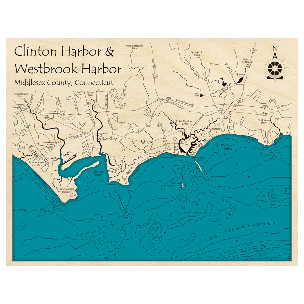 Bathymetric topo map of Clinton Harbor and Westbrook Harbor, CT with roads, towns and depths noted in blue water.