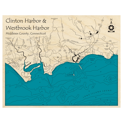Bathymetric topo map of Clinton Harbor and Westbrook Harbor, CT with roads, towns and depths noted in blue water.