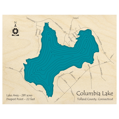 Bathymetric topo map of Columbia Lake, CT with roads, towns and depths noted in blue water.