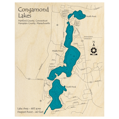 Bathymetric topo map of Congamond Lakes, CT with roads, towns and depths noted in blue water.