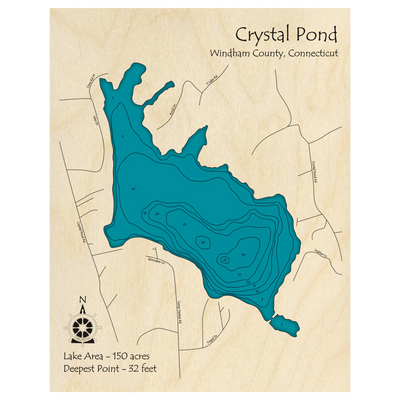 Bathymetric topo map of Crystal Pond, CT with roads, towns and depths noted in blue water.
