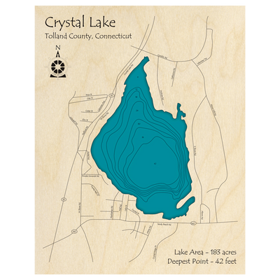 Bathymetric topo map of Crystal Lake, CT with roads, towns and depths noted in blue water.