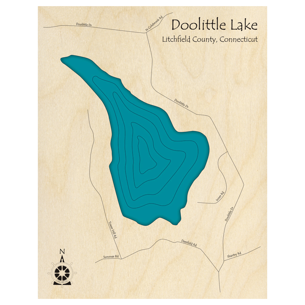Bathymetric topo map of Doolittle Lake, CT with roads, towns and depths noted in blue water.