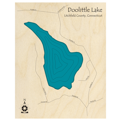 Bathymetric topo map of Doolittle Lake, CT with roads, towns and depths noted in blue water.