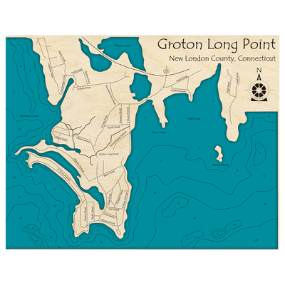 Bathymetric topo map of Groton Long Point, CT with roads, towns and depths noted in blue water.
