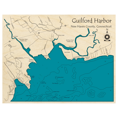 Bathymetric topo map of Guilford Harbor, CT with roads, towns and depths noted in blue water.