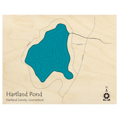 Bathymetric topo map of Hartland Pond, CT with roads, towns and depths noted in blue water.