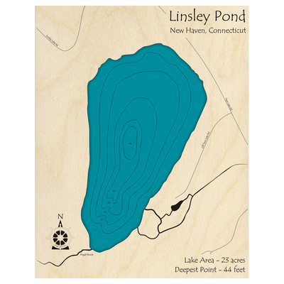 Bathymetric topo map of Linsley Lake, CT with roads, towns and depths noted in blue water.