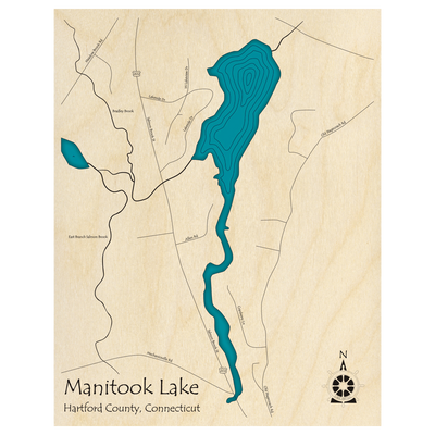 Bathymetric topo map of Manitook Lake, CT with roads, towns and depths noted in blue water.