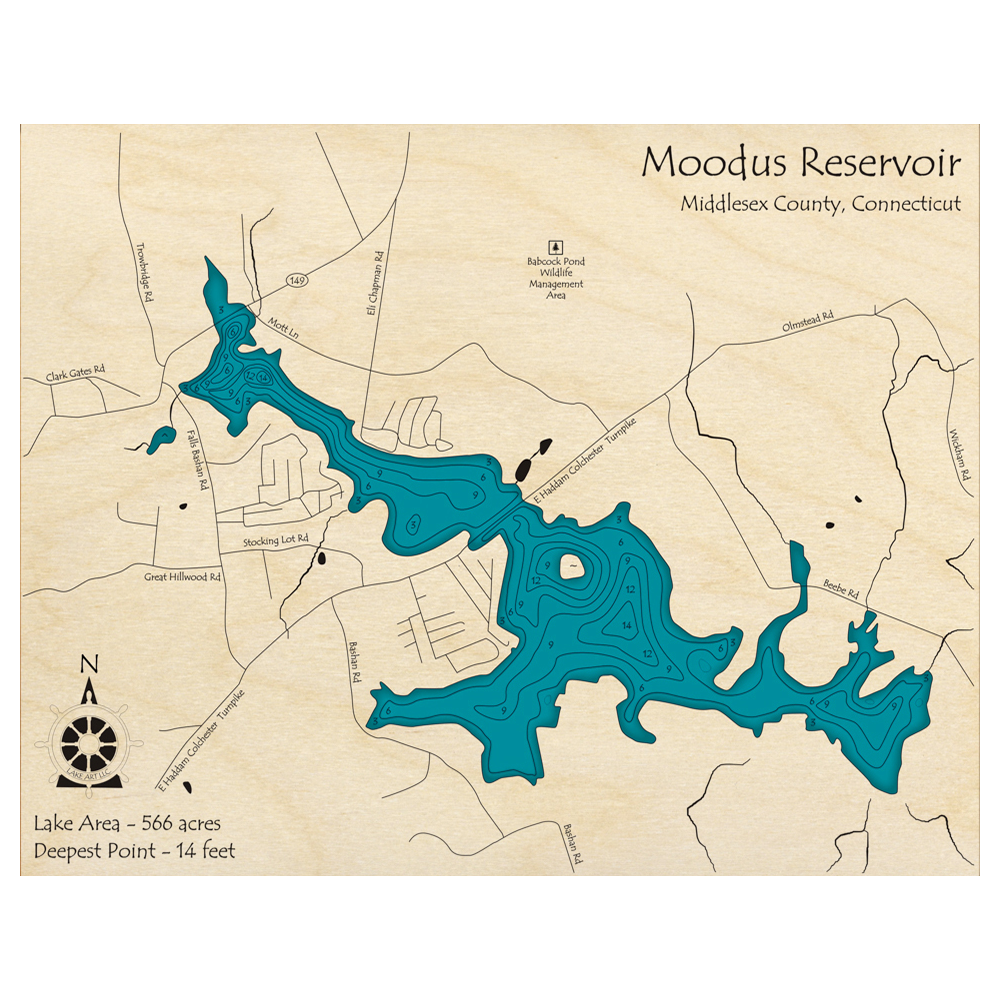 Bathymetric topo map of Moodus Reservoir, CT with roads, towns and depths noted in blue water.