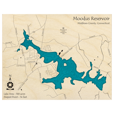 Bathymetric topo map of Moodus Reservoir, CT with roads, towns and depths noted in blue water.