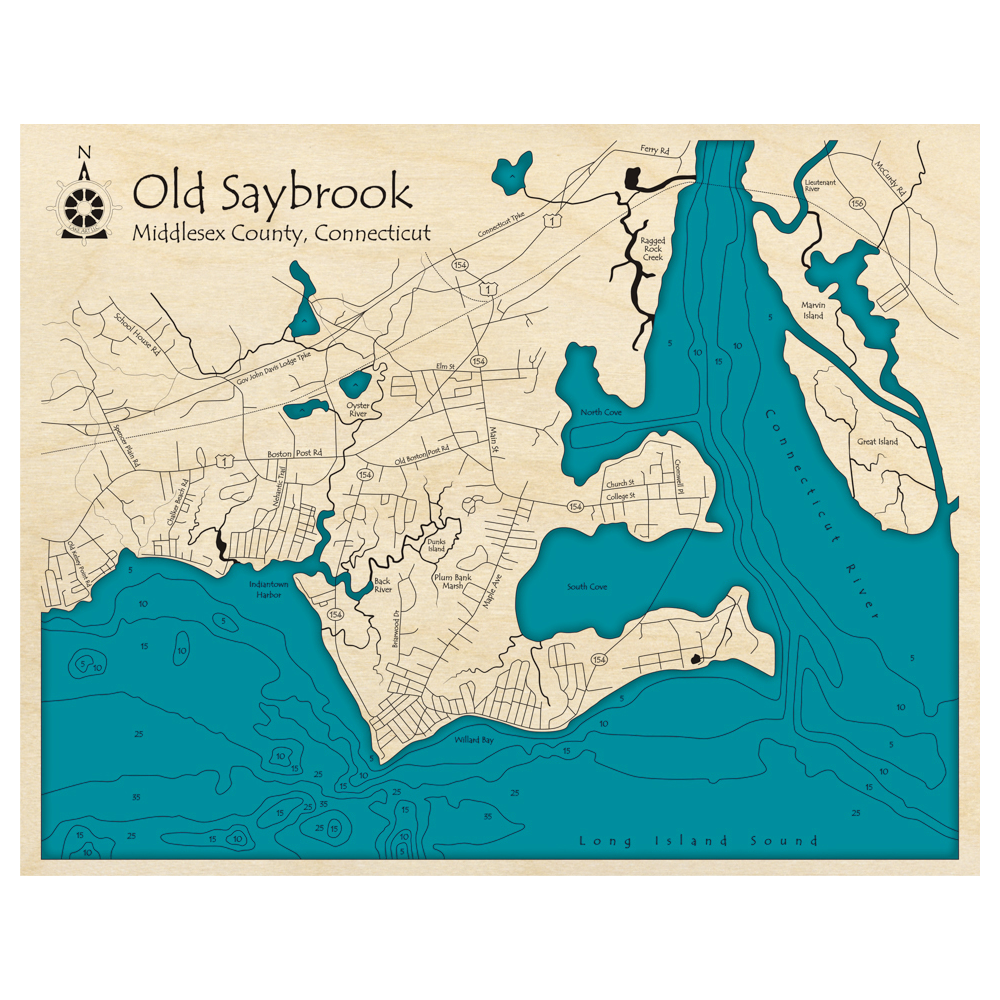Bathymetric topo map of Old Saybrook, CT with roads, towns and depths noted in blue water.