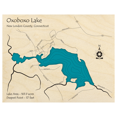 Bathymetric topo map of Oxoboxo Lake, CT with roads, towns and depths noted in blue water.