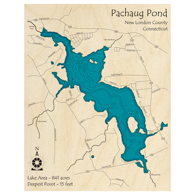 Bathymetric topo map of Pachaug Pond, CT with roads, towns and depths noted in blue water.