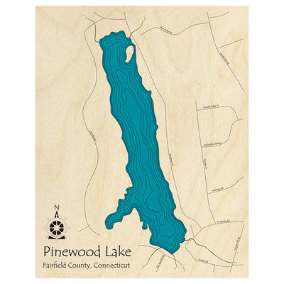 Bathymetric topo map of Pinewood Lake, CT with roads, towns and depths noted in blue water.