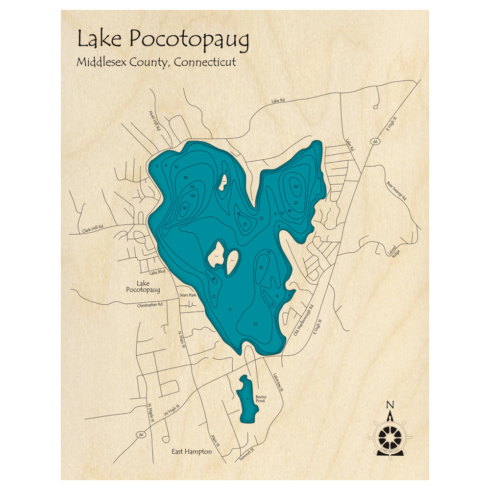 Bathymetric topo map of Lake Pocotopaug, CT with roads, towns and depths noted in blue water.