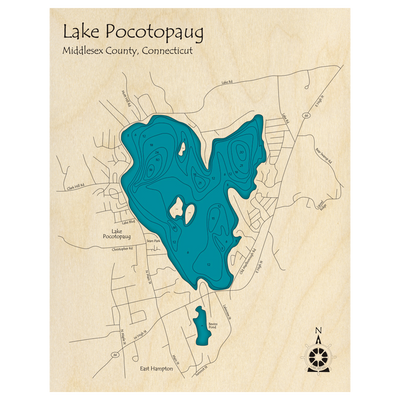 Bathymetric topo map of Lake Pocotopaug, CT with roads, towns and depths noted in blue water.
