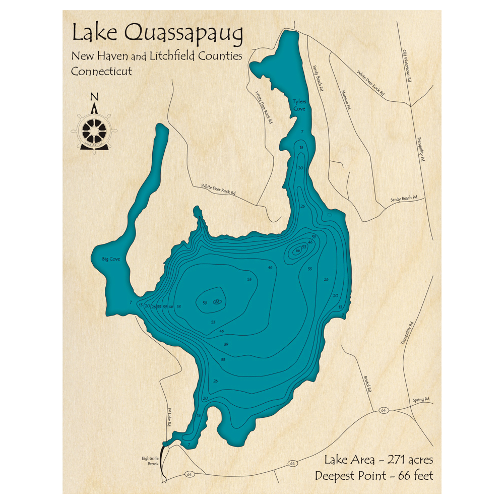 Bathymetric topo map of Lake Quassapaug, CT with roads, towns and depths noted in blue water.