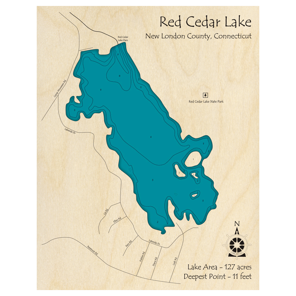 Bathymetric topo map of Red Cedar Lake, CT with roads, towns and depths noted in blue water.