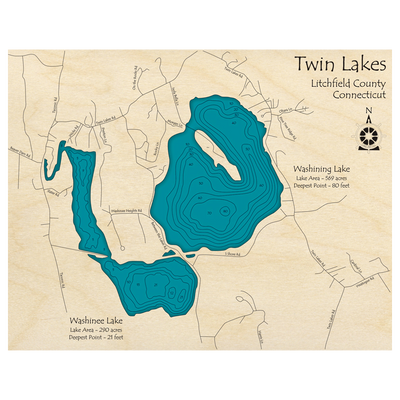 Bathymetric topo map of Twin Lakes, CT with roads, towns and depths noted in blue water.