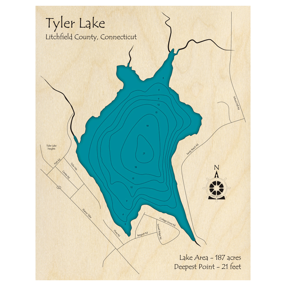 Bathymetric topo map of Tyler Lake, CT with roads, towns and depths noted in blue water.
