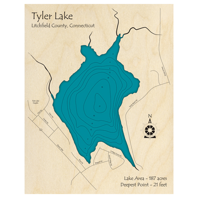 Bathymetric topo map of Tyler Lake, CT with roads, towns and depths noted in blue water.