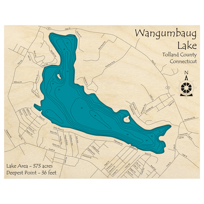 Bathymetric topo map of Wangumbaug Lake, CT with roads, towns and depths noted in blue water.